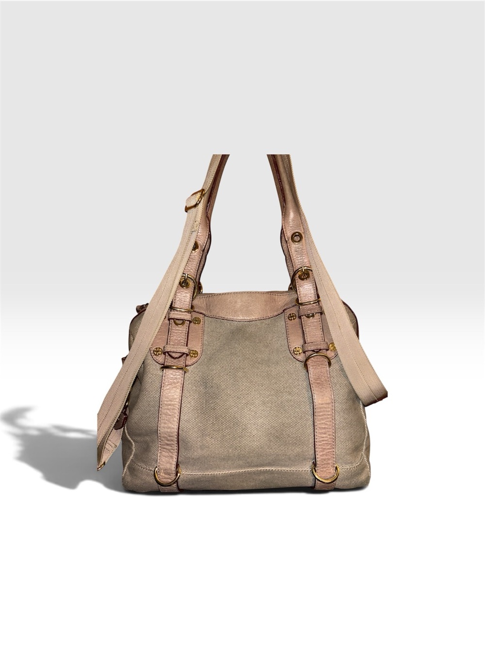 MZ Wallace Beige Bella Canvas Leather trim Shoulder Bag w/pouch